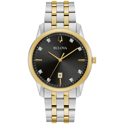 Bulova Sutton 98D165 men's watch front view showcasing a two-tone stainless steel case and bracelet, black dial with eight diamond hour markers, gold-tone hands, and date display at 6 o'clock.