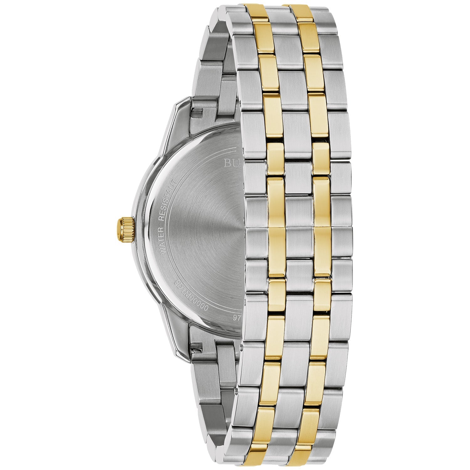  Back view of the Bulova Sutton 98D165 displaying the stainless steel case back and bracelet clasp.