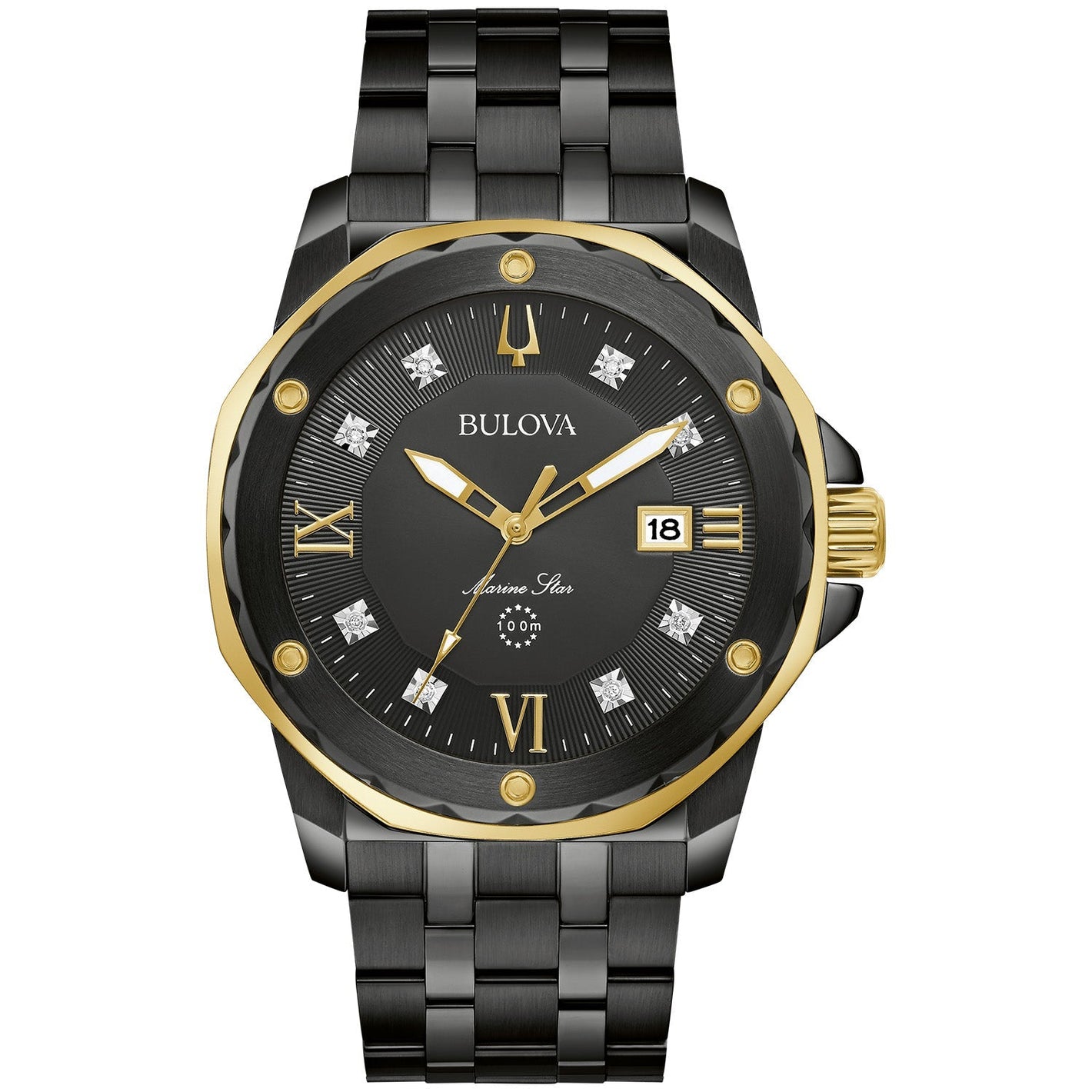 Bulova 98D176 Marine Star watch featuring a 44mm black ion-plated stainless steel case, black sunray dial with diamond accents, and a black stainless steel bracelet—front view.