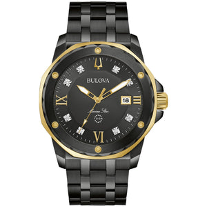Bulova 98D176 Marine Star watch featuring a 44mm black ion-plated stainless steel case, black sunray dial with diamond accents, and a black stainless steel bracelet—front view.