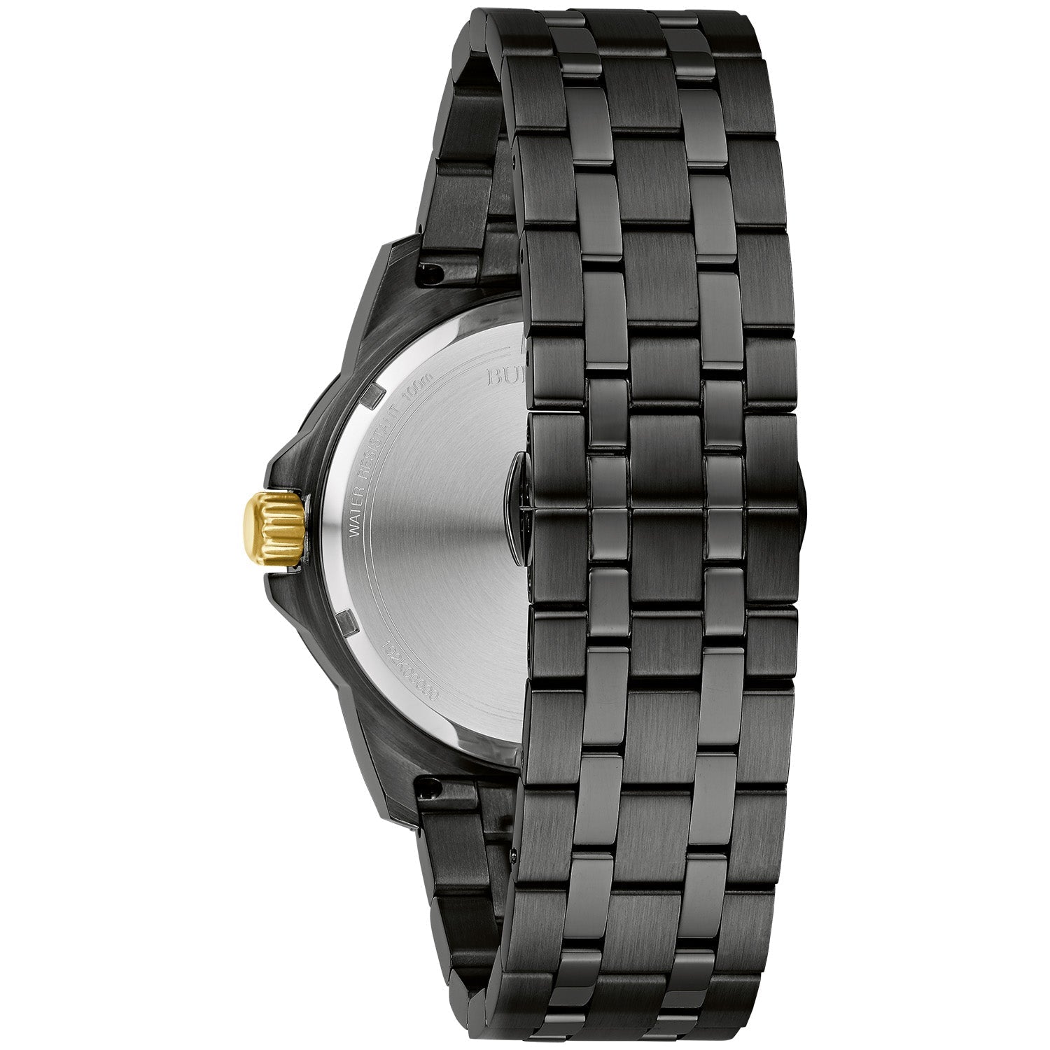 Profile view of the Bulova 98D176, highlighting its black ion-plated case and gold-tone outer top ring.