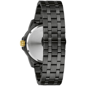 Profile view of the Bulova 98D176, highlighting its black ion-plated case and gold-tone outer top ring.