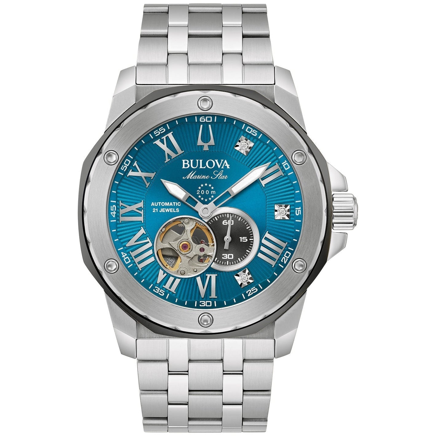 Bulova 98D184 Marc Anthony Series A Marine Star Automatic watch featuring a blue dial with diamond markers and open aperture—front view.