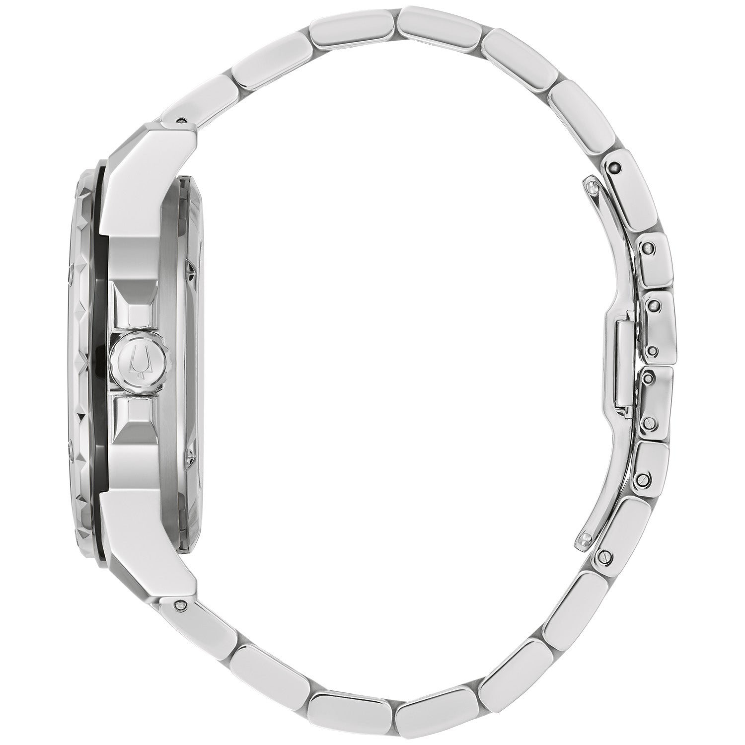Side profile of Bulova 98D184 showcasing the angular stainless steel case and crown.