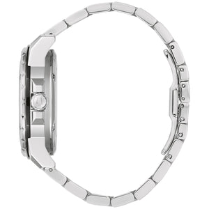 Side profile of Bulova 98D184 showcasing the angular stainless steel case and crown.
