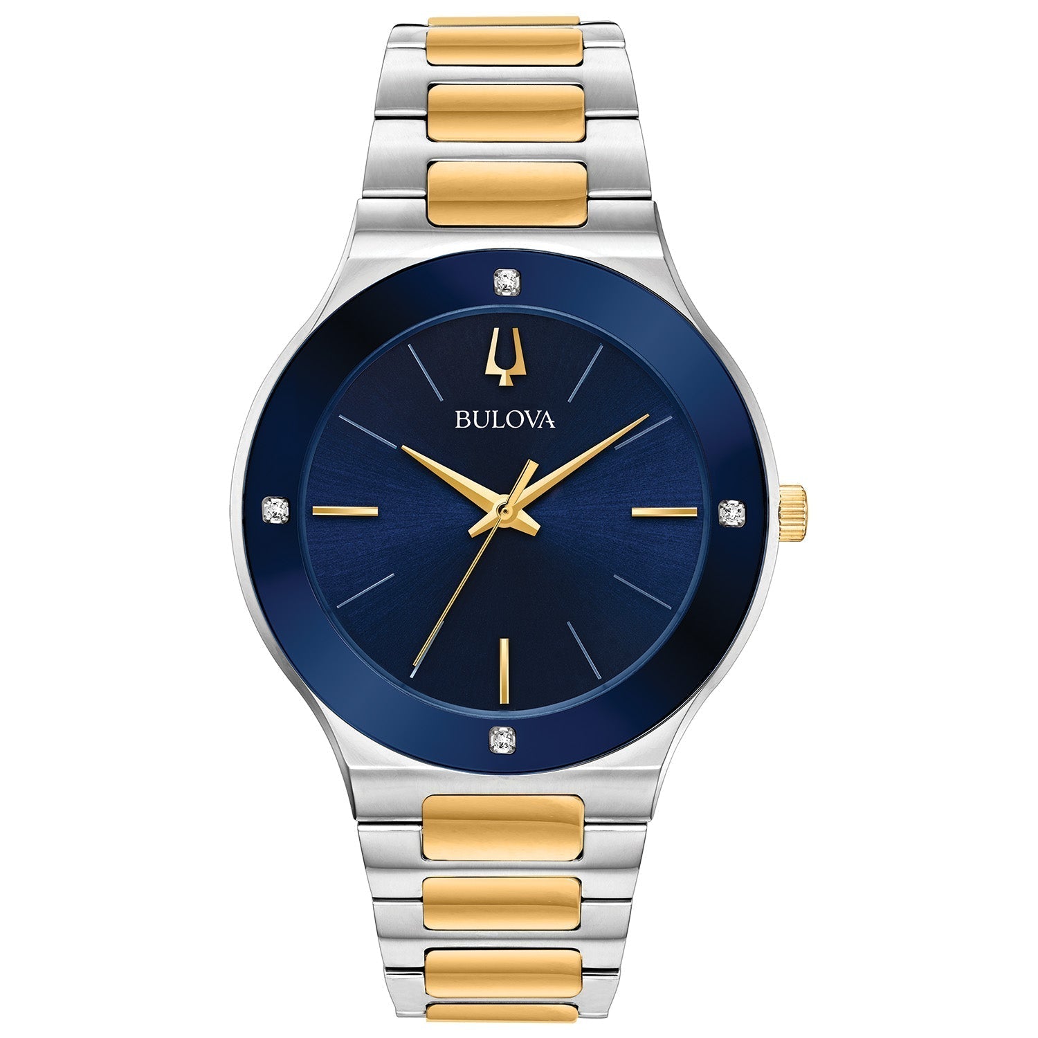 Bulova 97B168 Marine Star Chronograph featuring a blue dial with gold-tone accents and luminous hands—front view.