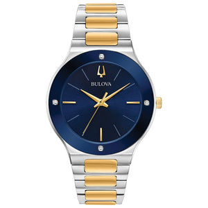 Bulova 97B168 Marine Star Chronograph featuring a blue dial with gold-tone accents and luminous hands—front view.