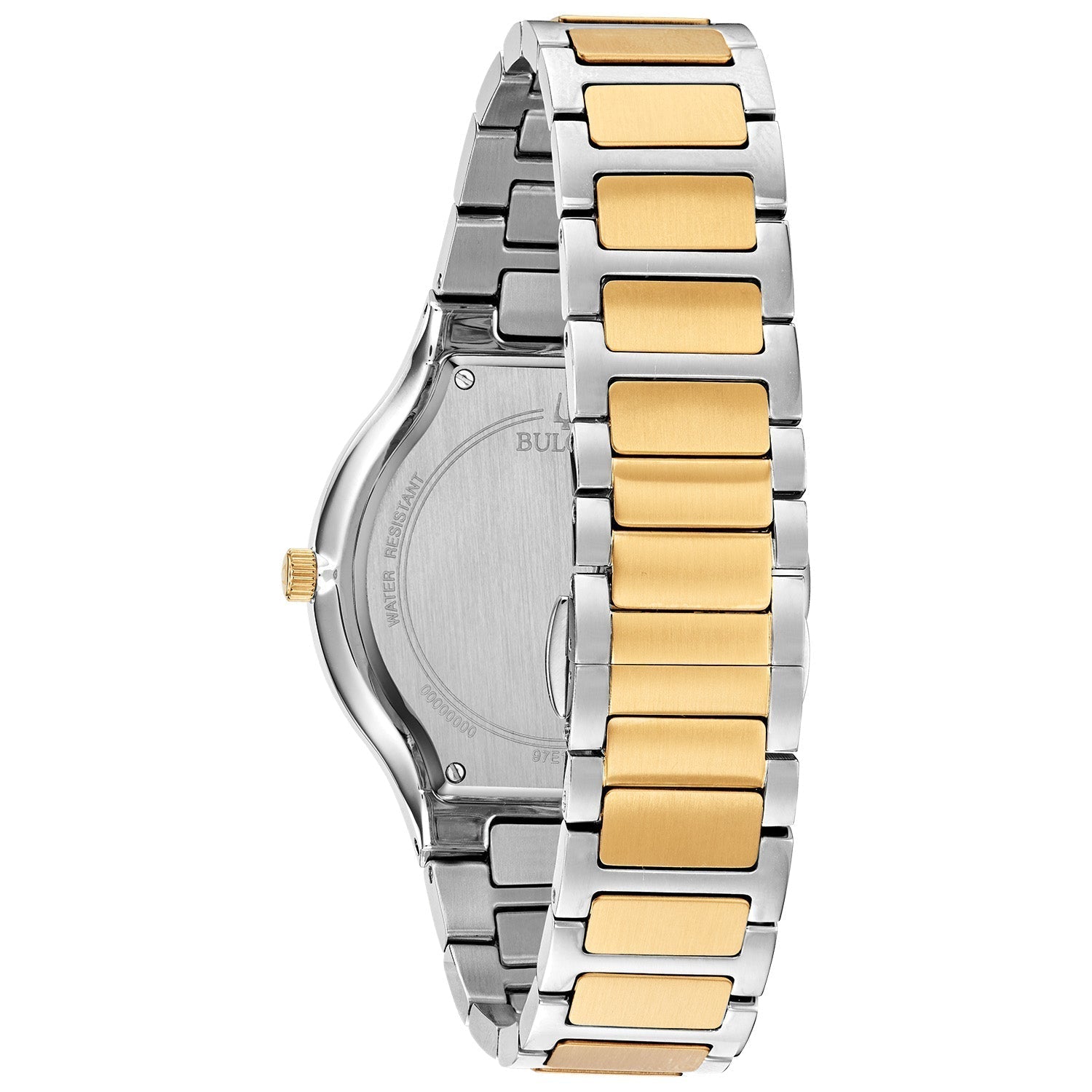  Back view of Bulova 97B168 highlighting the screw-back case and blue leather and silicone strap with red stitch detail.