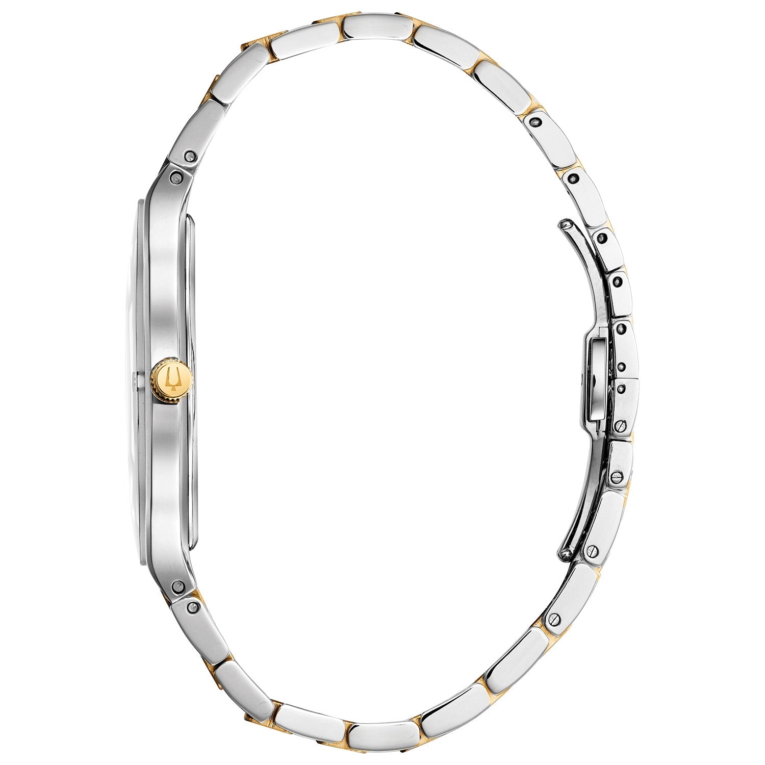 Side profile of Bulova 97B168 showcasing the gold-tone stainless steel case and rotating dial ring.