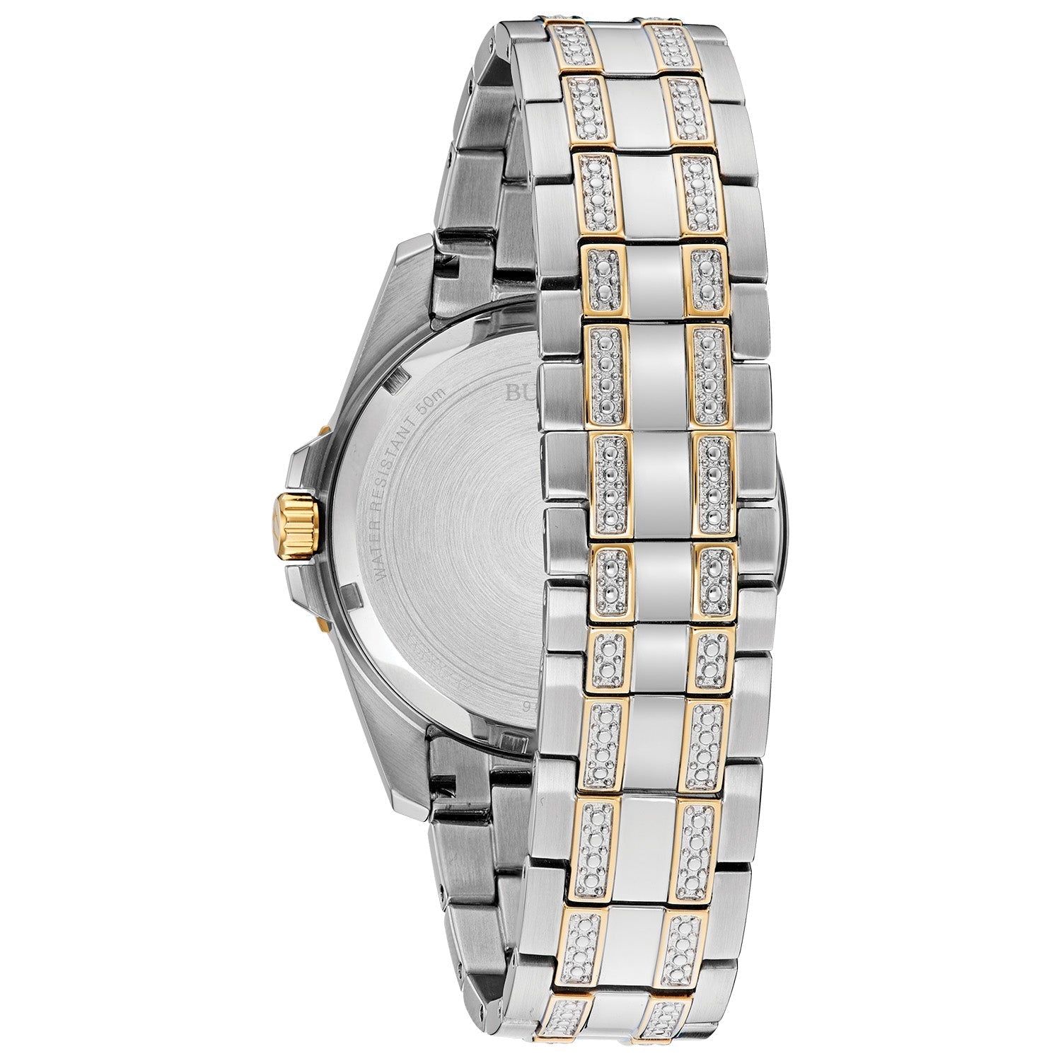 Back view of Bulova 98K106, highlighting the stainless steel case back and deployment clasp.