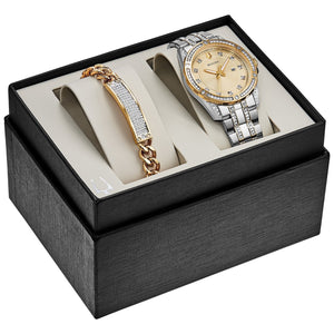 Bulova 98K106 presented in an elegant gift box alongside the matching crystal-accented gold-tone bracelet.