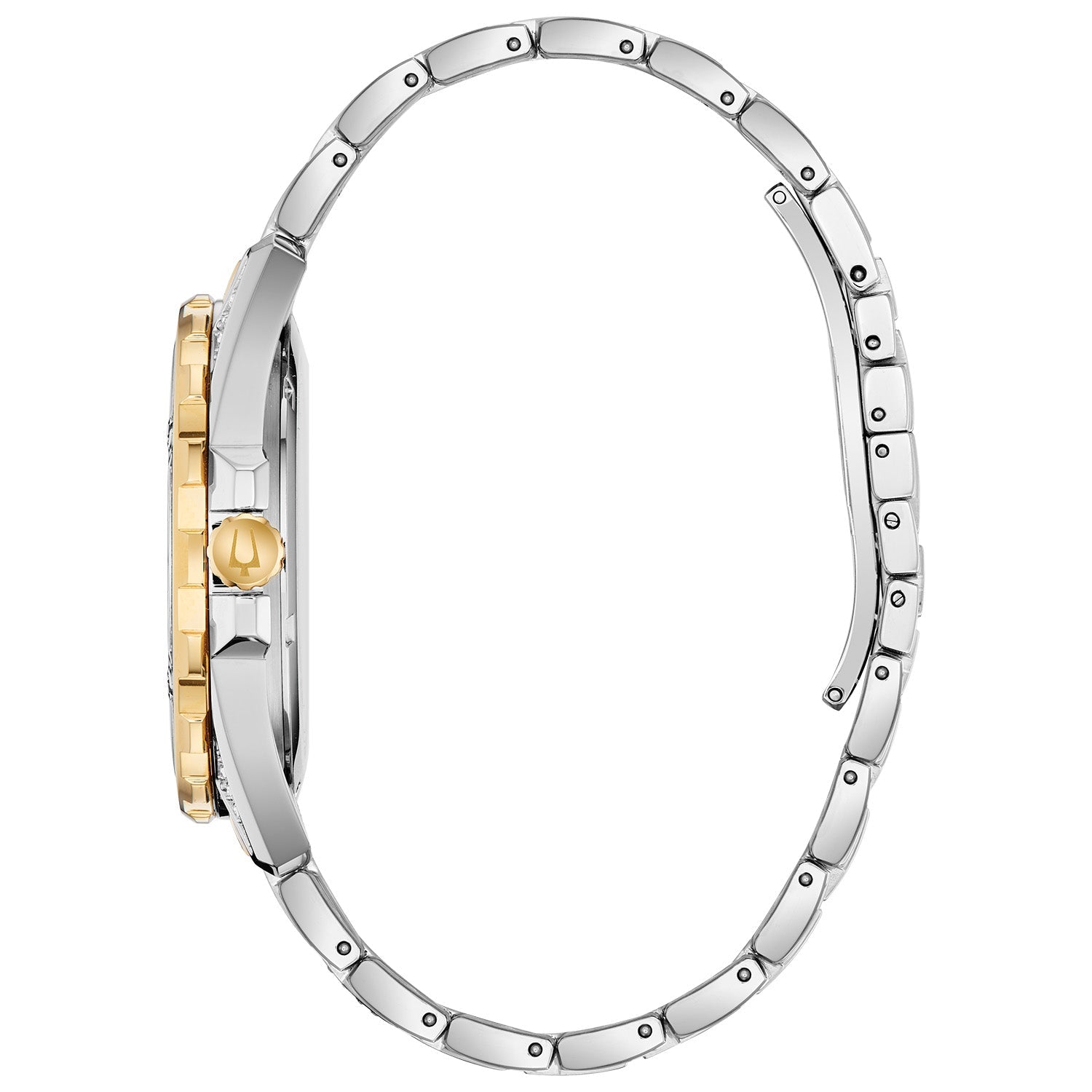 Side profile of Bulova 98K106, showcasing the sleek two-tone case and crystal-adorned bracelet.