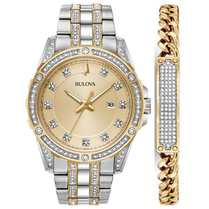 Bulova 98K106 men's two-tone stainless steel watch with crystal-accented bezel and champagne dial—front view.