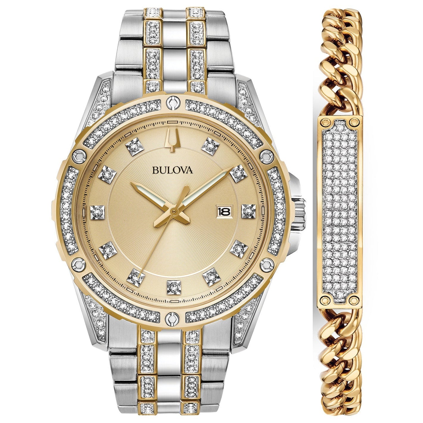 Bulova 98K106 men's two-tone stainless steel watch with crystal-accented bezel and champagne dial—front view.