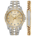 Bulova 98K106 men's two-tone stainless steel watch with crystal-accented bezel and champagne dial—front view.