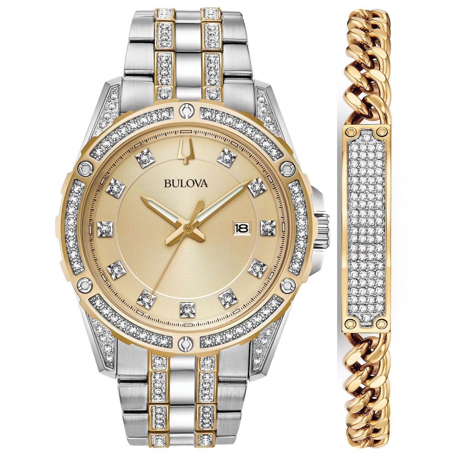 Bulova 98K106 men's two-tone stainless steel watch with crystal-accented bezel and champagne dial—front view.