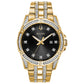  Bulova 98K107 men's gold-tone stainless steel watch with black dial, adorned with 143 crystals—front view.
