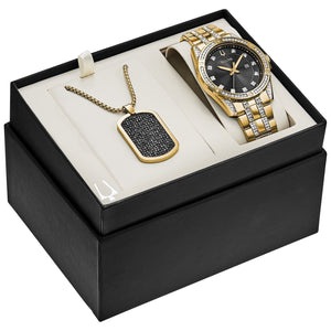 Bulova 98K107 presented in its official branded box alongside the matching crystal-adorned dog tag pendant.