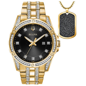 Bulova 98K107 men's gold-tone stainless steel watch with black dial, adorned with 143 crystals—front view.