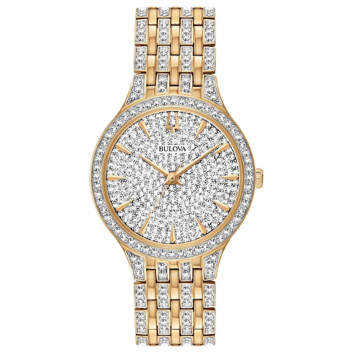 Bulova Phantom 98L263 women's watch showcasing a two-tone gold and silver-tone stainless steel case with a crystal-embellished dial—front view.