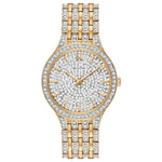 Bulova Phantom 98L263 women's watch showcasing a two-tone gold and silver-tone stainless steel case with a crystal-embellished dial—front view.
