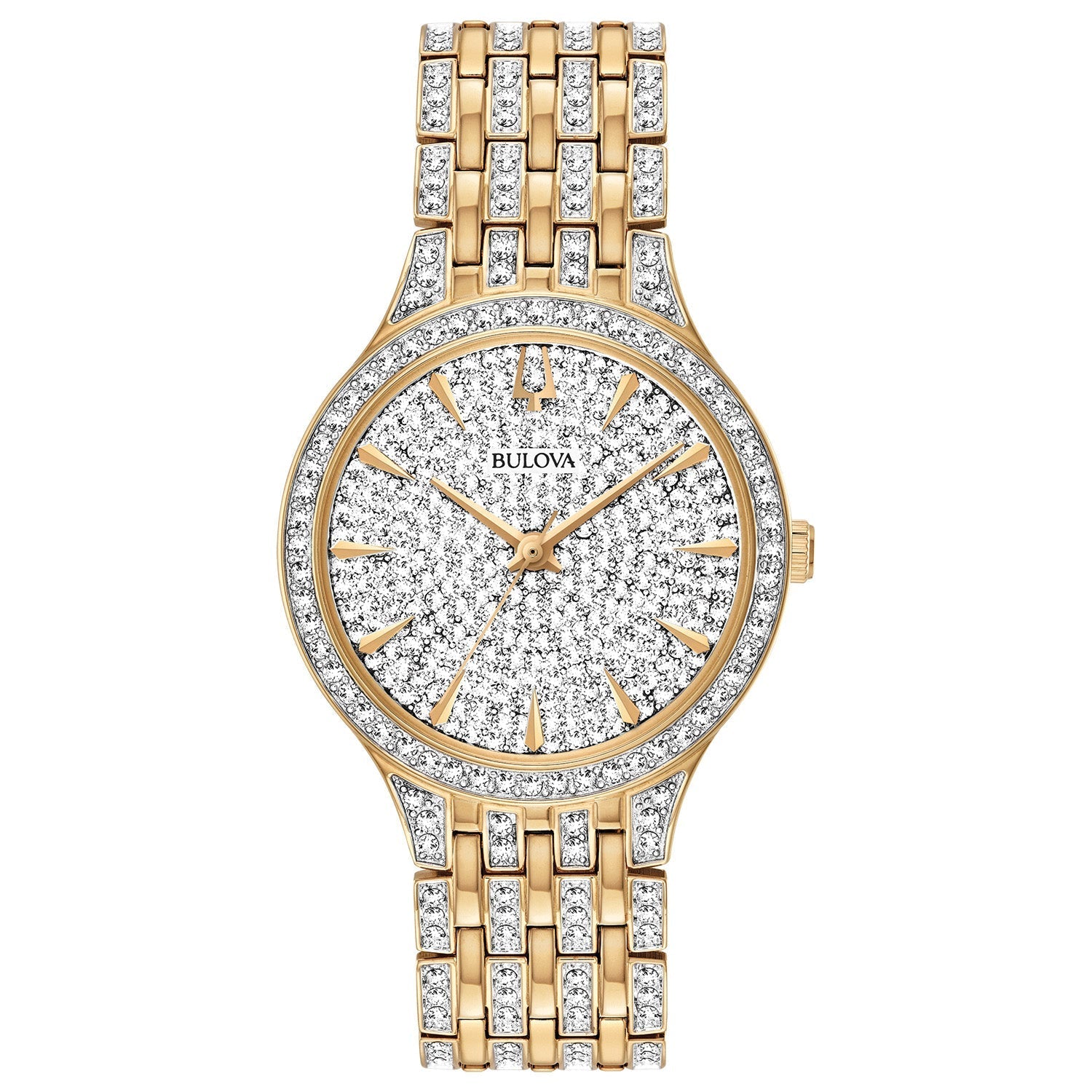 Bulova Phantom 98L263 women's watch showcasing a two-tone gold and silver-tone stainless steel case with a crystal-embellished dial—front view.