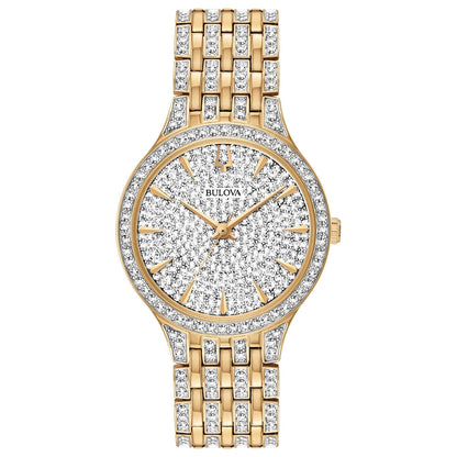 Bulova Phantom 98L263 women's watch showcasing a two-tone gold and silver-tone stainless steel case with a crystal-embellished dial—front view.