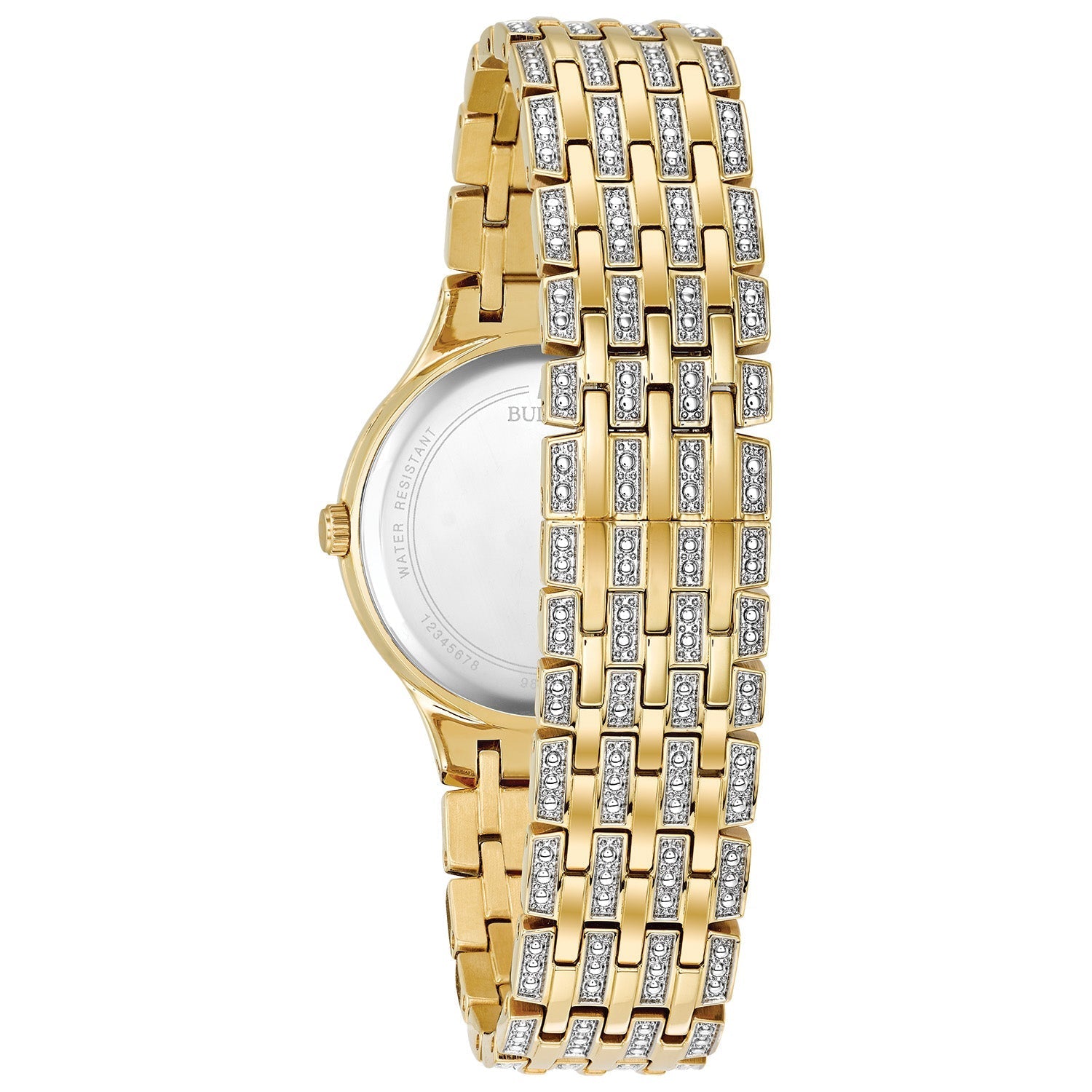 Rear view of the Bulova Phantom 98L263, displaying the stainless steel case back and bracelet clasp.