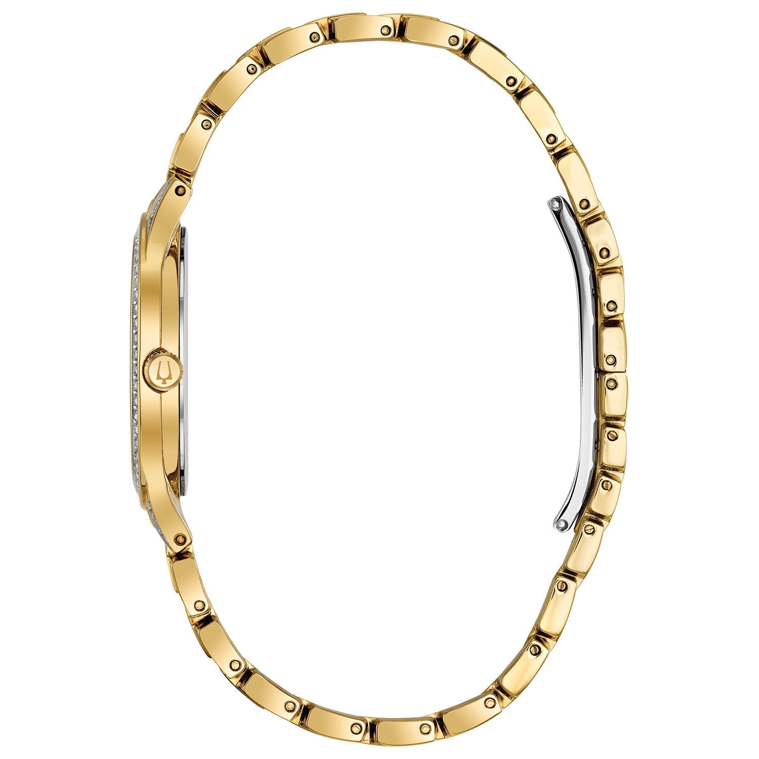 Side profile of the Bulova Phantom 98L263, highlighting the slim case design and crystal-adorned bezel.