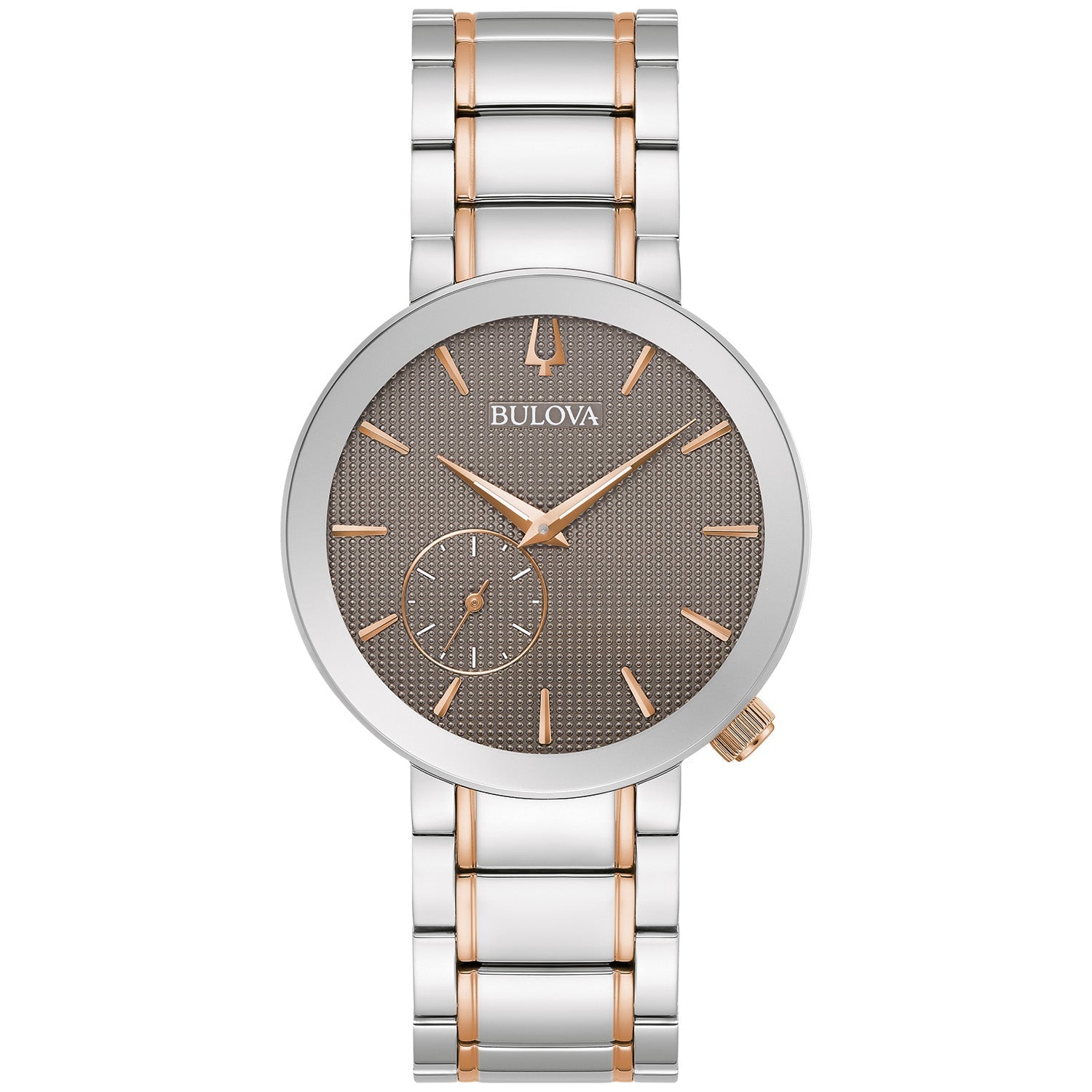  Front view of the Bulova 98L309 showcasing its silver-tone stainless steel case and textured grey dial with rose gold-tone accents.