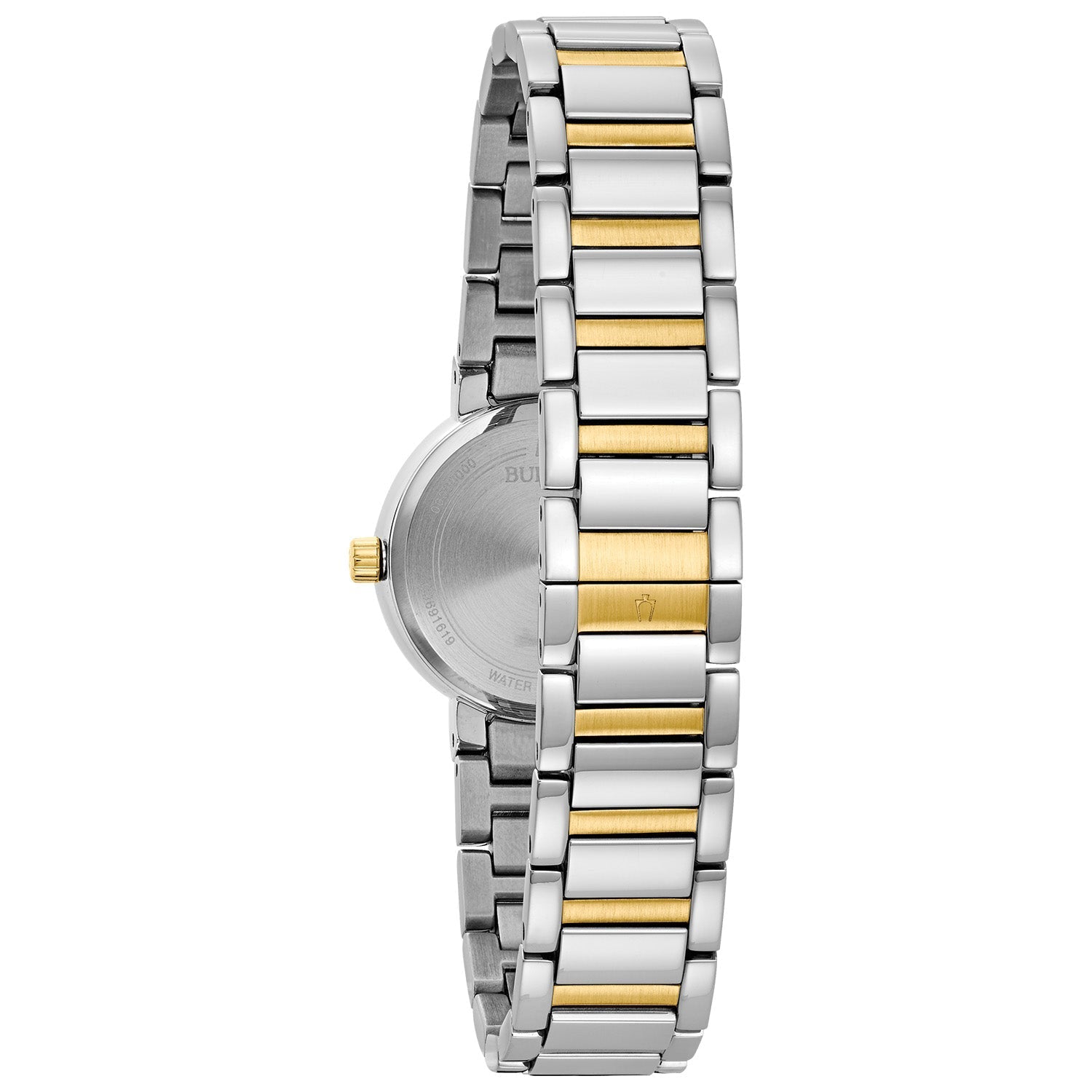 Back view of the Bulova 98P157, showcasing the solid stainless steel case back.