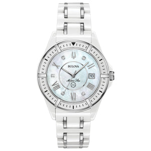 Front view of the Bulova Marine Star 98P172 showcasing its white ceramic case and diamond-accented silver-white dial with mother-of-pearl inner circle.