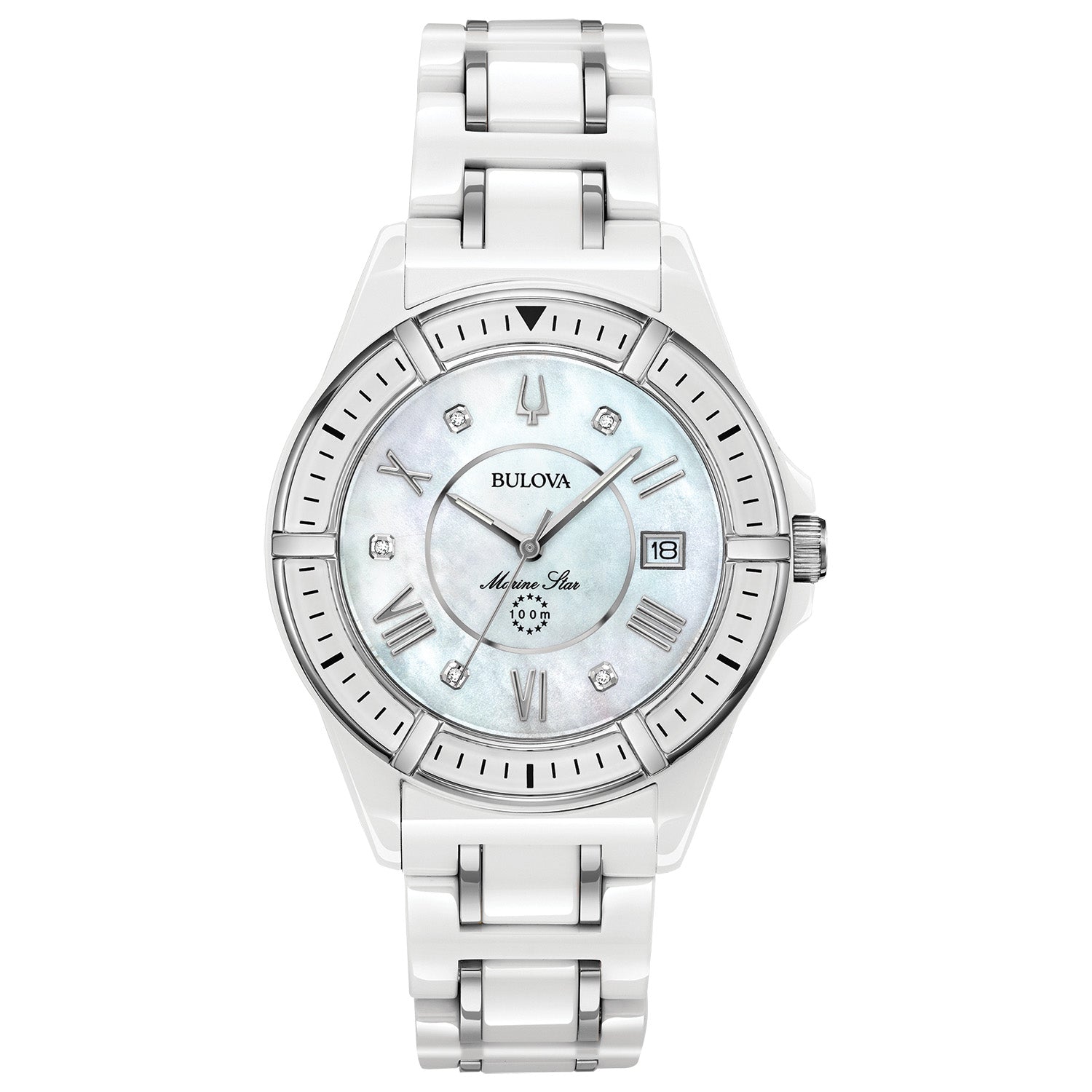 Front view of the Bulova Marine Star 98P172 showcasing its white ceramic case and diamond-accented silver-white dial with mother-of-pearl inner circle.