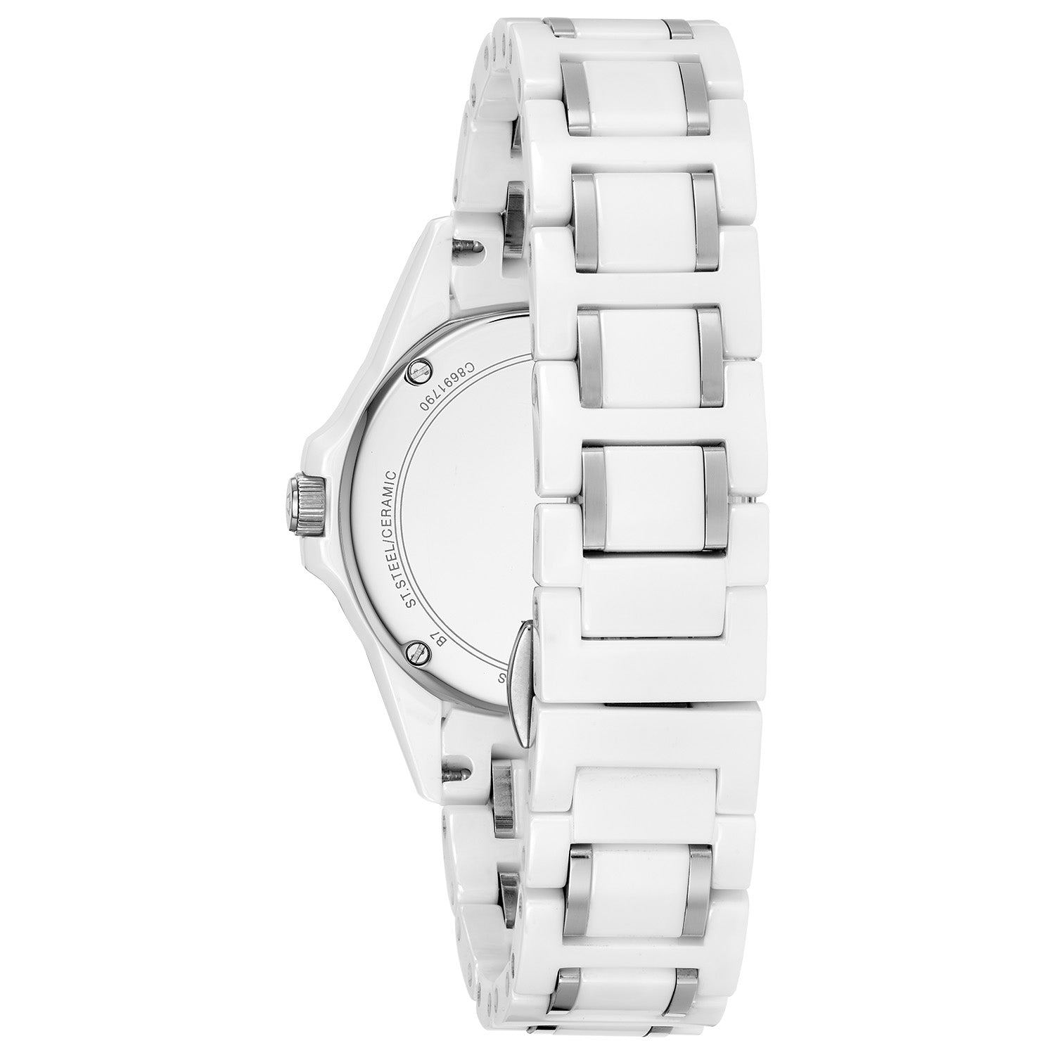 Back view of the Bulova Marine Star 98P172 displaying the screw-back case and bracelet closure.