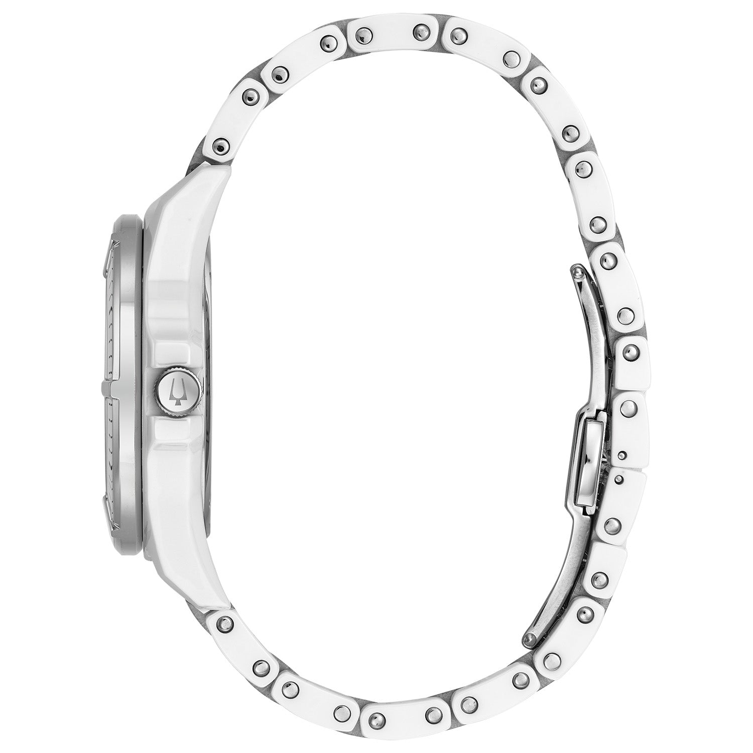  Side profile of the Bulova 98P172 highlighting the stainless steel accents and sapphire crystal.