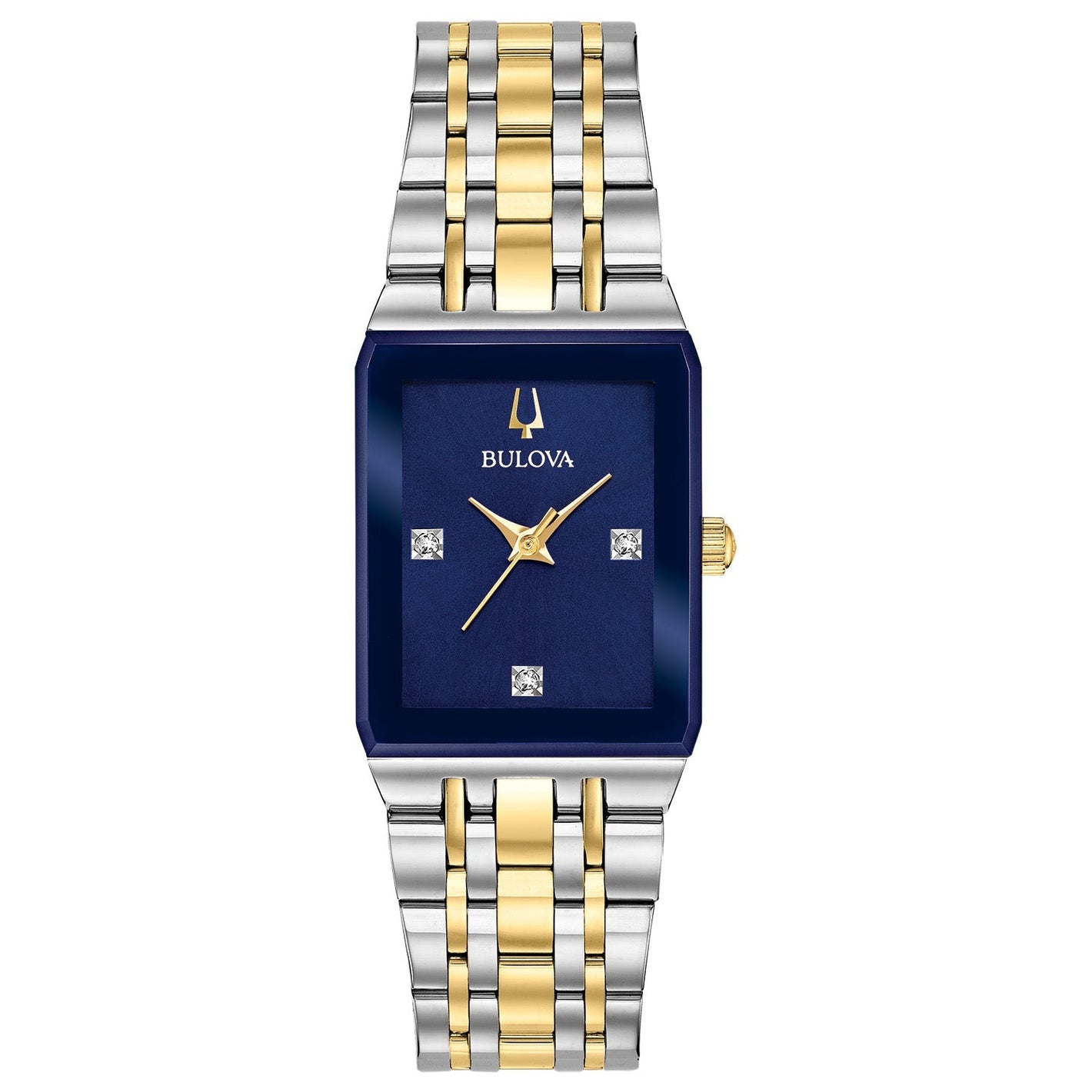 Bulova Quadra 98P177 women's watch featuring a 20.5mm two-tone stainless steel case, blue dial with diamond accents, and a two-tone stainless steel bracelet—front view.