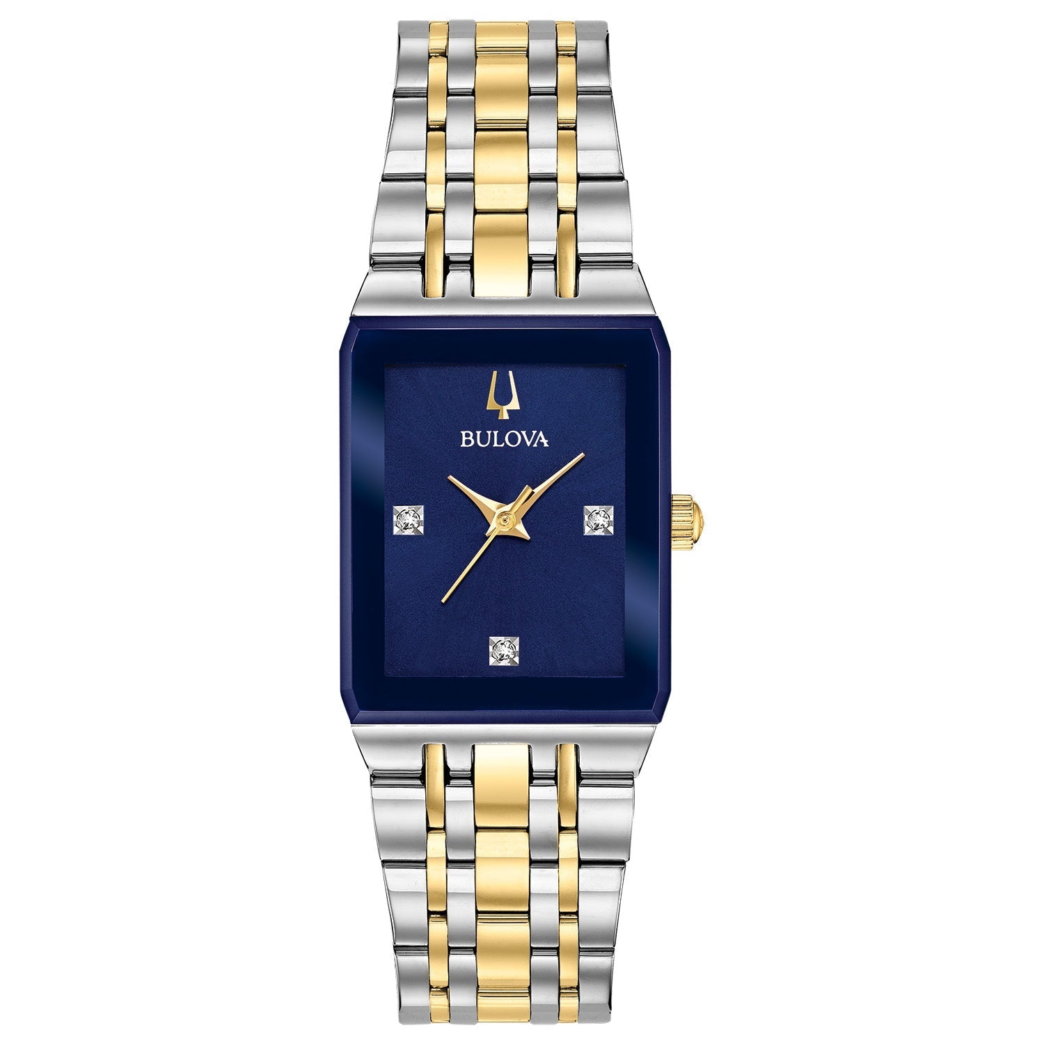 Bulova Quadra 98P177 women's watch featuring a 20.5mm two-tone stainless steel case, blue dial with diamond accents, and a two-tone stainless steel bracelet—front view.