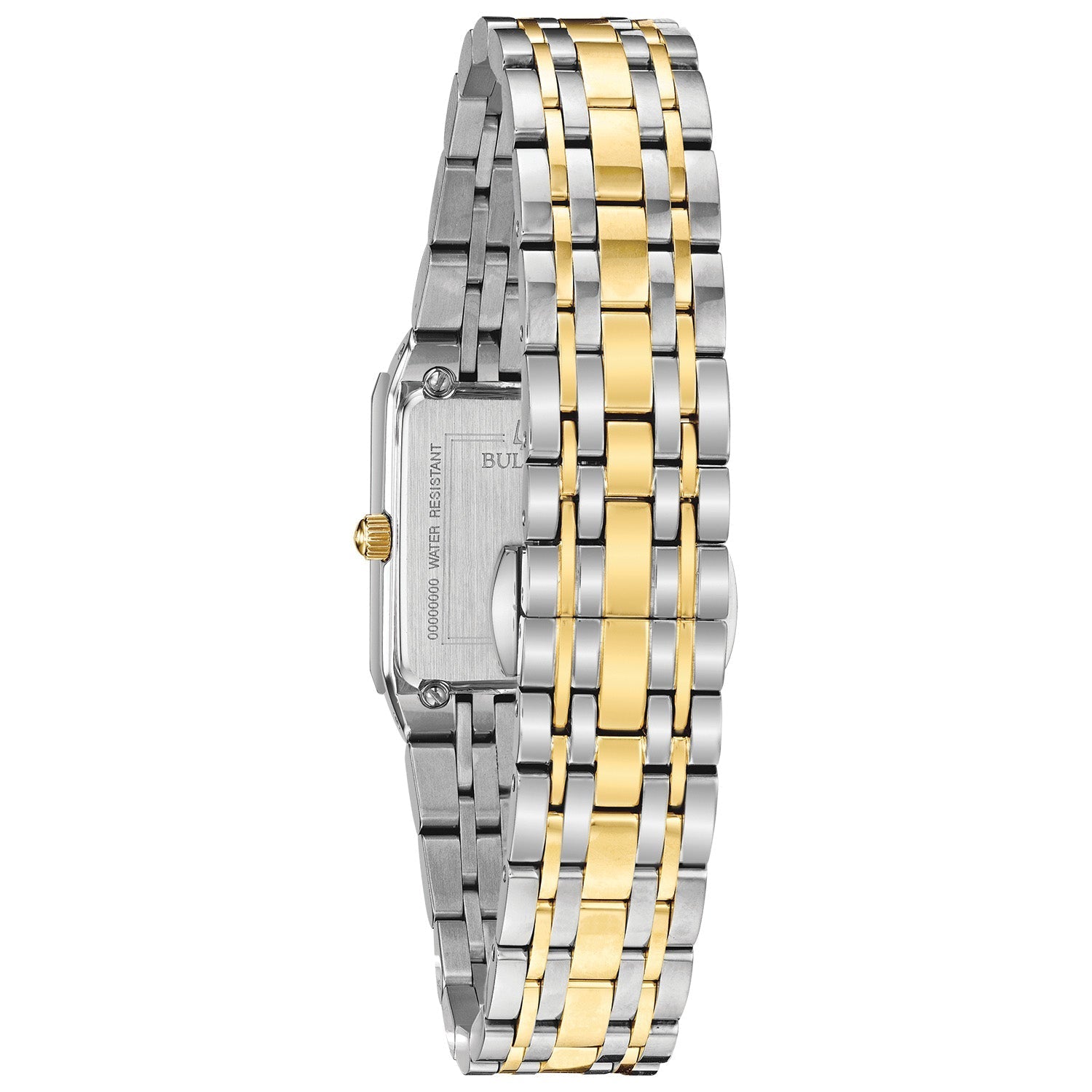 Back view of the Bulova Quadra 98P177, showcasing the stainless steel case back and two-tone bracelet.