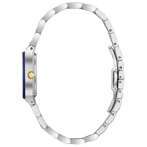 Side profile of the Bulova 98P177, highlighting the edge-to-edge blue faceted metalized mineral crystal and gold-tone crown.