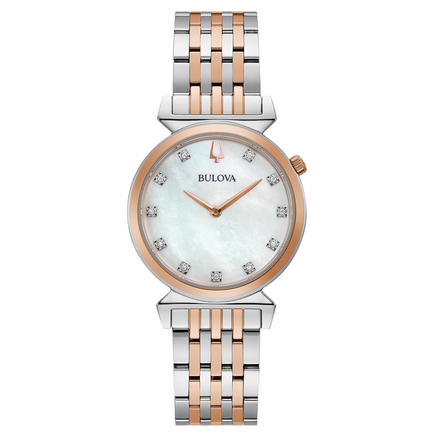 Bulova 98P192 women's watch featuring a 30mm two-tone stainless steel case, white mother-of-pearl dial with diamond hour markers, and a two-tone stainless steel bracelet—front view.
