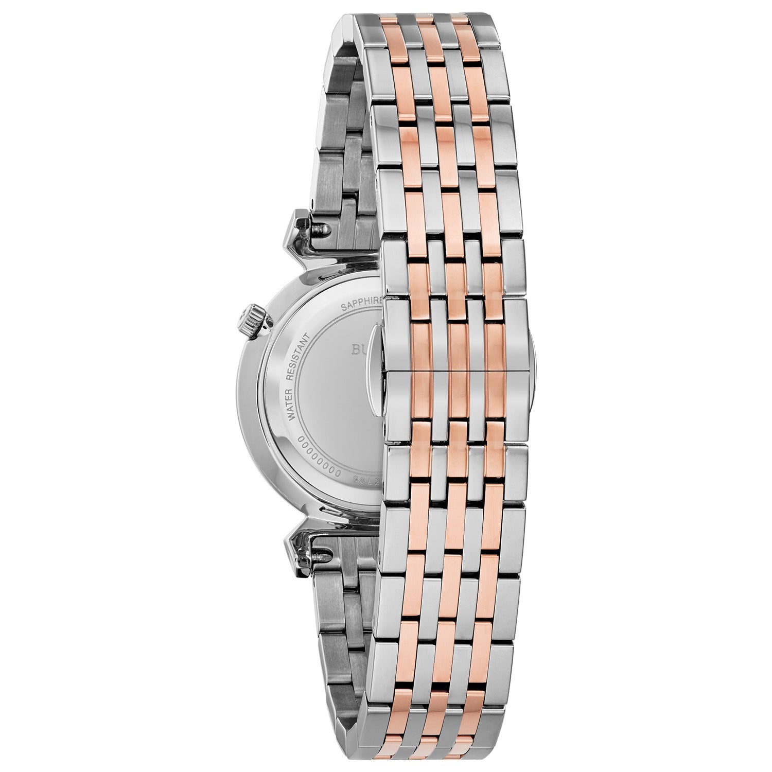 Rear view of the Bulova 98P192, showcasing the stainless steel case back and the bracelet's deployment clasp.