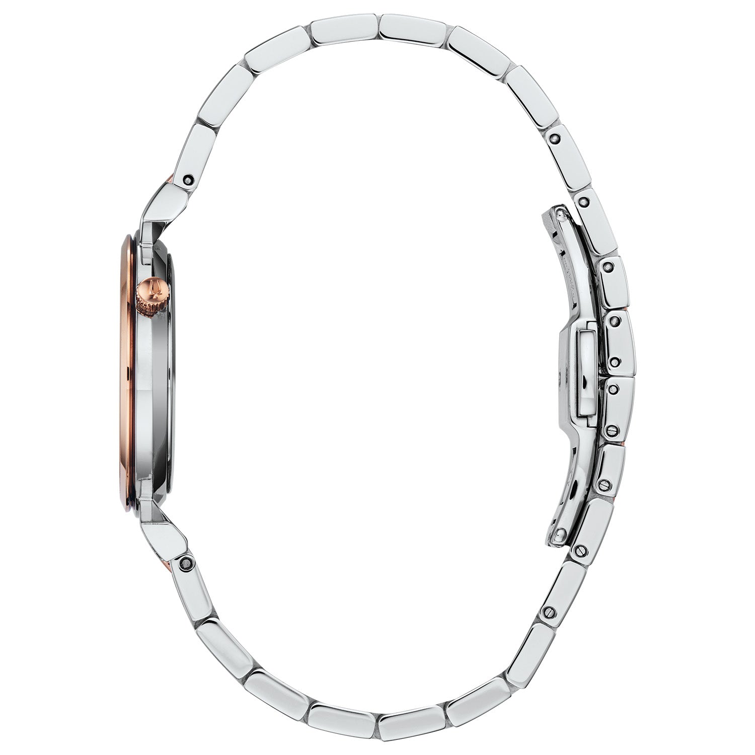 Profile view of the Bulova 98P192, highlighting its unique angled lugs and the crown at the 2 o'clock position.