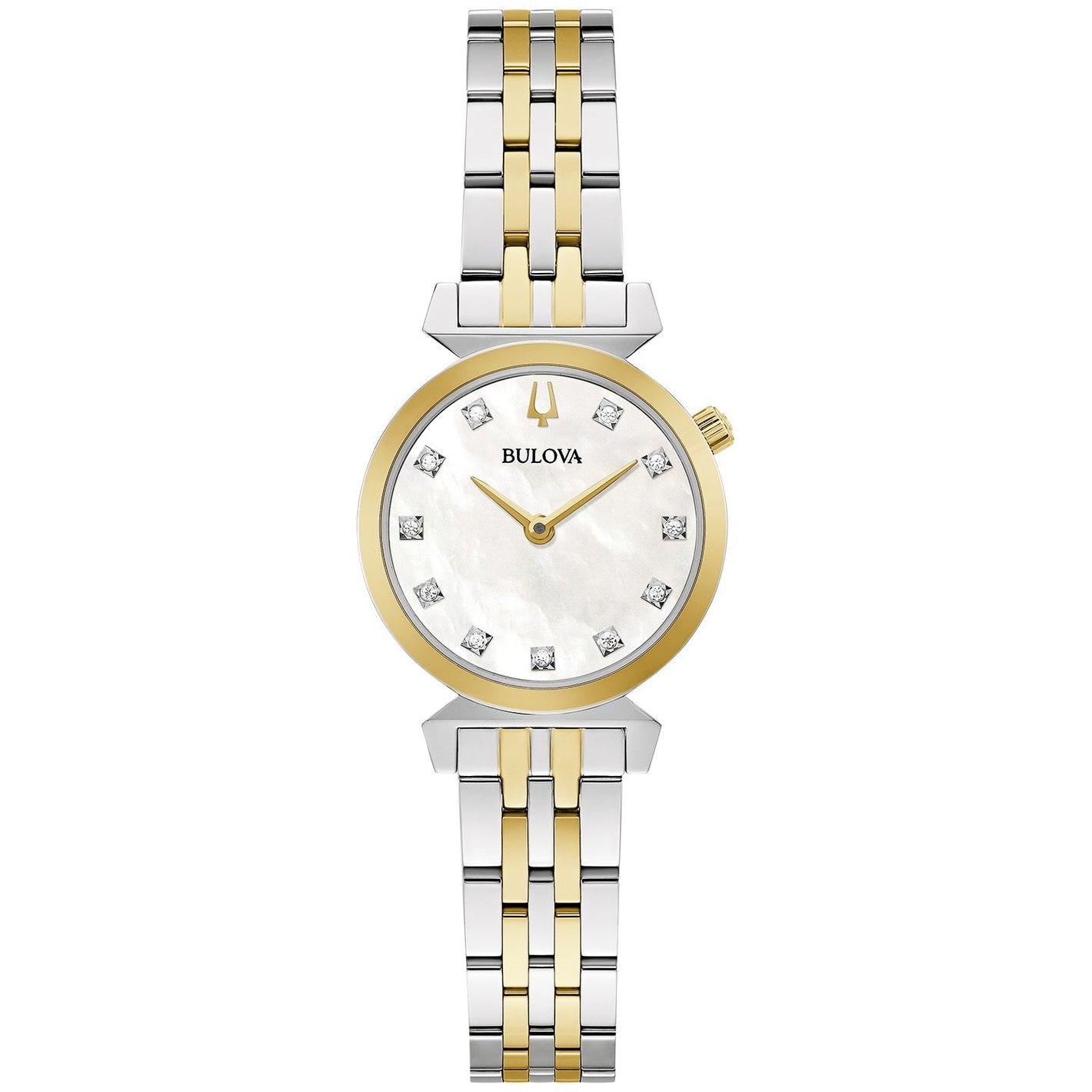 Bulova 98P202 women's watch featuring a 24mm two-tone stainless steel case, white mother-of-pearl dial with diamond hour markers, and a two-tone stainless steel bracelet—front view.