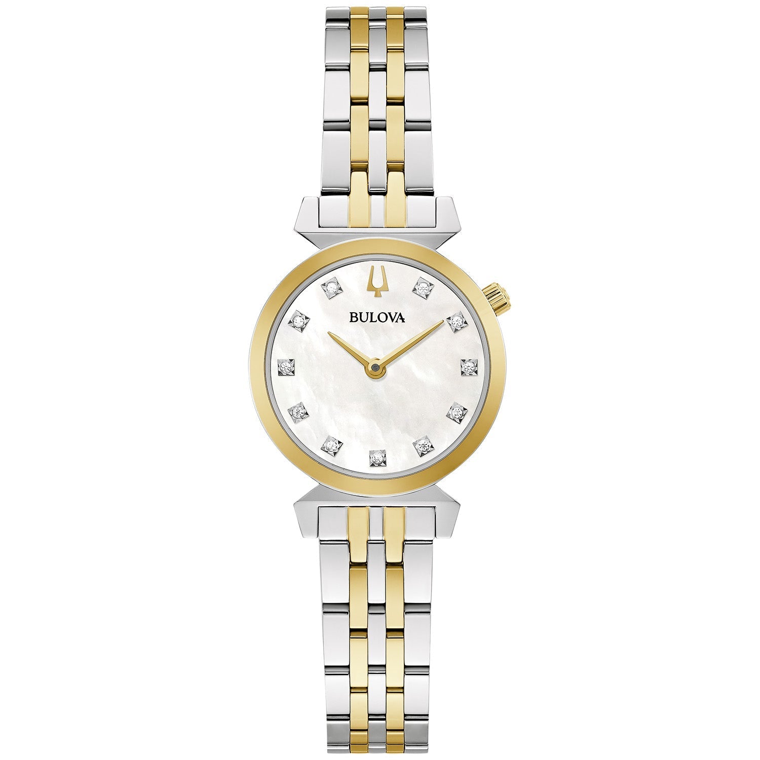 Bulova 98P202 women's watch featuring a 24mm two-tone stainless steel case, white mother-of-pearl dial with diamond hour markers, and a two-tone stainless steel bracelet—front view.