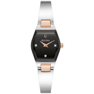 Bulova Gemini 98P216 women's watch featuring a silver- and rose gold-tone case, black dial with diamond accents, and a bangle-style bracelet—front view.