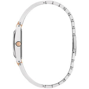 Side profile of the Bulova 98P216, highlighting the edge-to-edge faceted metalized mineral crystal and sleek case design.