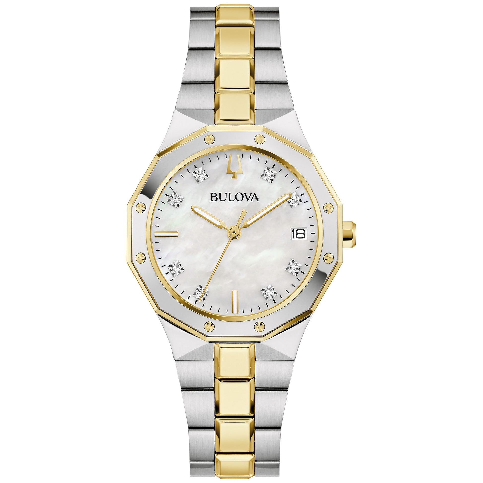 Bulova Prestige 98P234 women's watch with a 32mm two-tone stainless steel case, mother-of-pearl dial featuring eight diamond hour markers, and date display—front view.