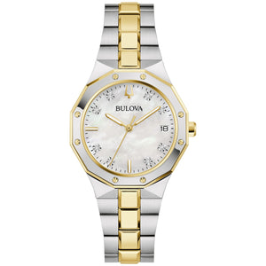 Bulova Prestige 98P234 women's watch with a 32mm two-tone stainless steel case, mother-of-pearl dial featuring eight diamond hour markers, and date display—front view.