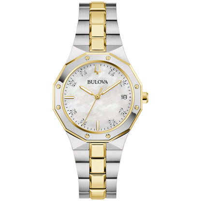 Bulova Prestige 98P234 women's watch with a 32mm two-tone stainless steel case, mother-of-pearl dial featuring eight diamond hour markers, and date display—front view.