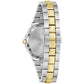 Rear view of the Bulova 98P234 highlighting the chamfered 3-link stainless steel bracelet with brushed and polished finishes and push-button deployant clasp
